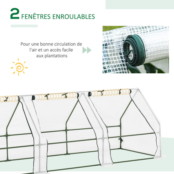 Mini Serre de Jardin mini serre tunnel 270L x 90l x 90H cm toit pointu Acier PE Haute densité 140 g/m² Anti-UV 3 fenêtres avec Zip enroulables Blanc