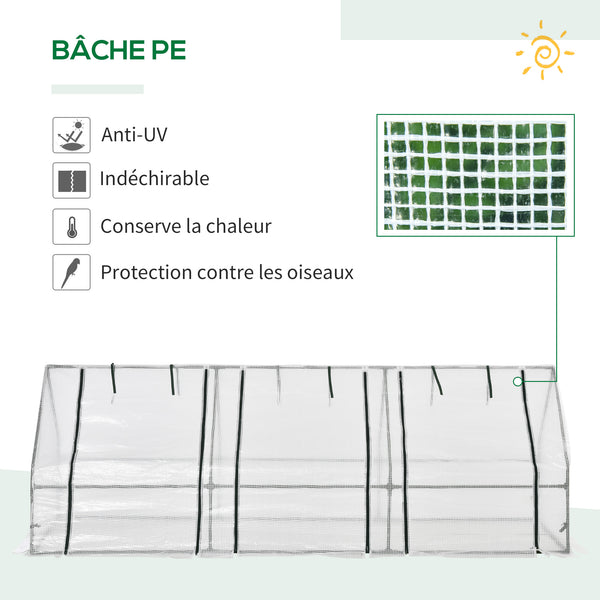 Mini Serre de Jardin mini serre tunnel 270L x 90l x 90H cm toit pointu Acier PE Haute densité 140 g/m² Anti-UV 3 fenêtres avec Zip enroulables Blanc