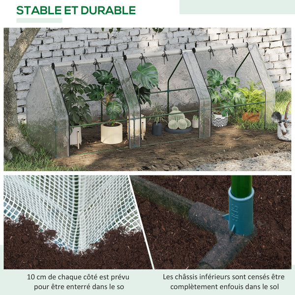 Mini Serre de Jardin mini serre tunnel 270L x 90l x 90H cm toit pointu Acier PE Haute densité 140 g/m² Anti-UV 3 fenêtres avec Zip enroulables Blanc