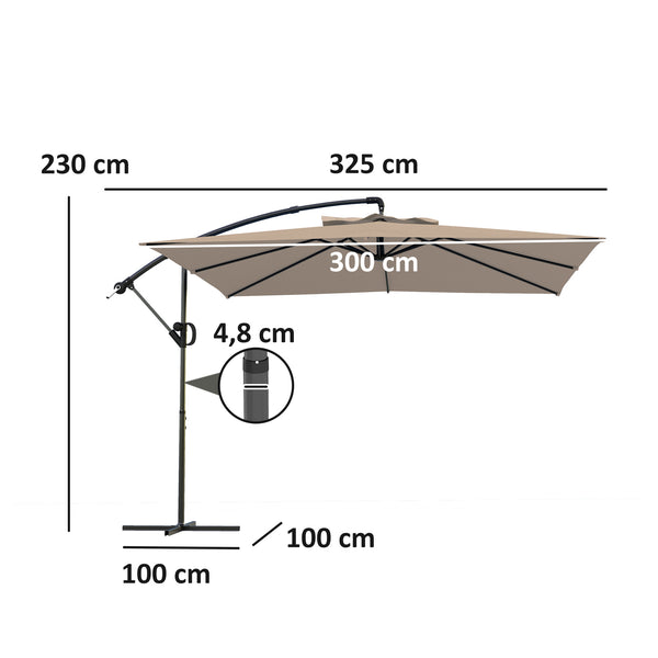 Parasol déporté carré 3 x 3 m, parasol de jardin extérieur avec manivelle, base croisée, parasol inclinable et rotation à 360°, toile polyester 180 g/m², protection UV UPF50+, kaki