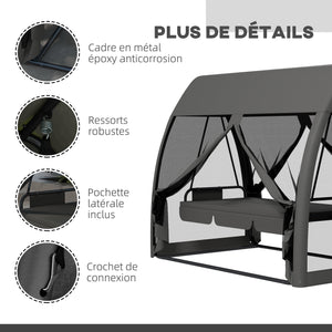 Balancelle de jardin convertible 3 places, balancelle d'extérieur avec auvent et coussins, filet avec fermetures éclair, poche, pour jardin, cour, gris