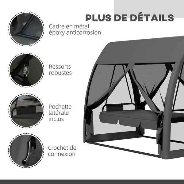 Balancelle de jardin convertible 3 places, balancelle d'extérieur avec auvent et coussins, filet avec fermetures éclair, poche, pour jardin, cour, gris