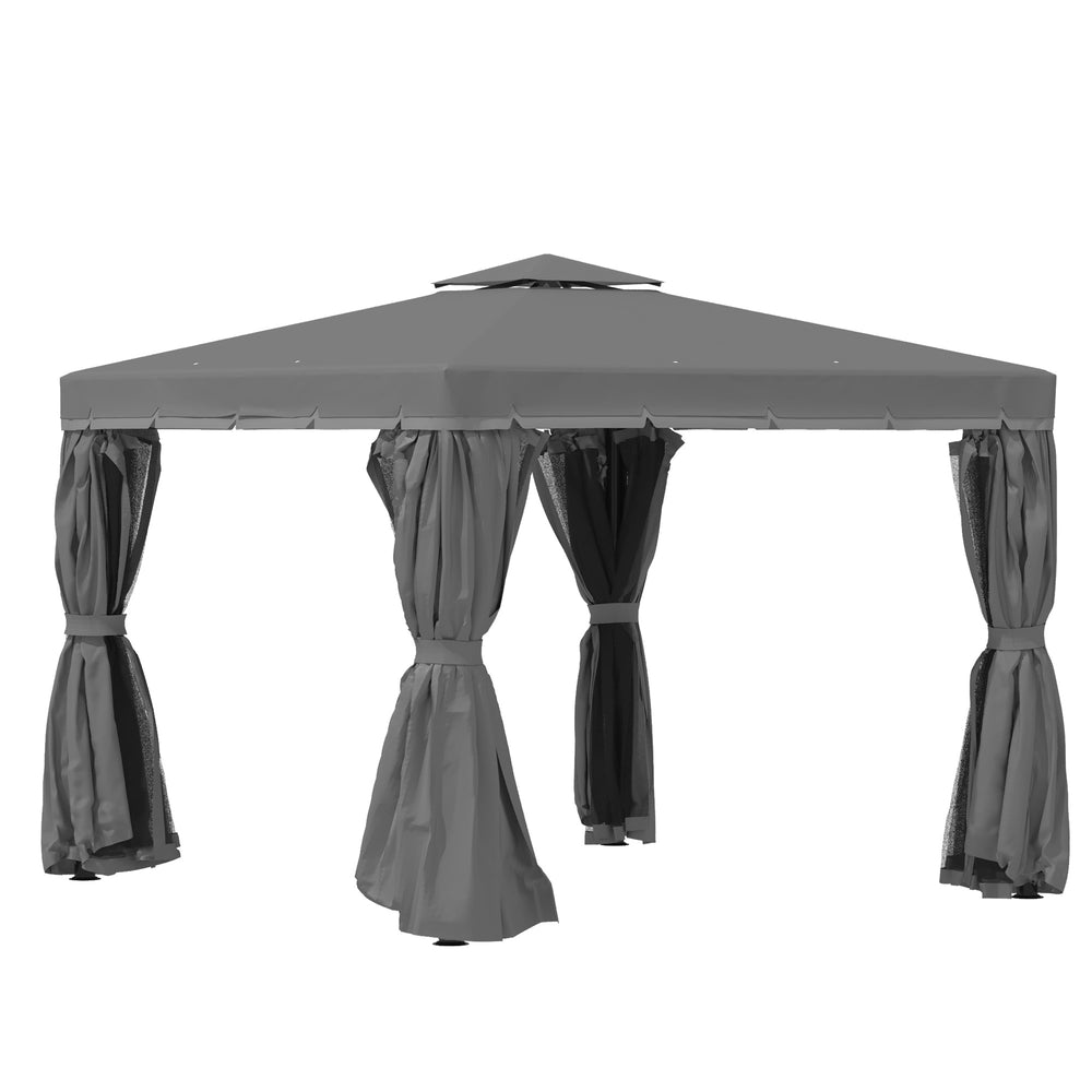 Tonnelle de jardin extérieur 3 x 3 m, barnum avec toit double, rideaux et moustiquaire, tente de réception en aluminium, tonnelle pour terrasse patio mariage baptême, gris foncé
