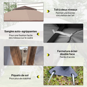 Tonnelle de jardin extérieur tonnelle pliante 3,6x3,6m avec double toit acier polyester moustiquaires + sac de transport à roulettes kaki marron