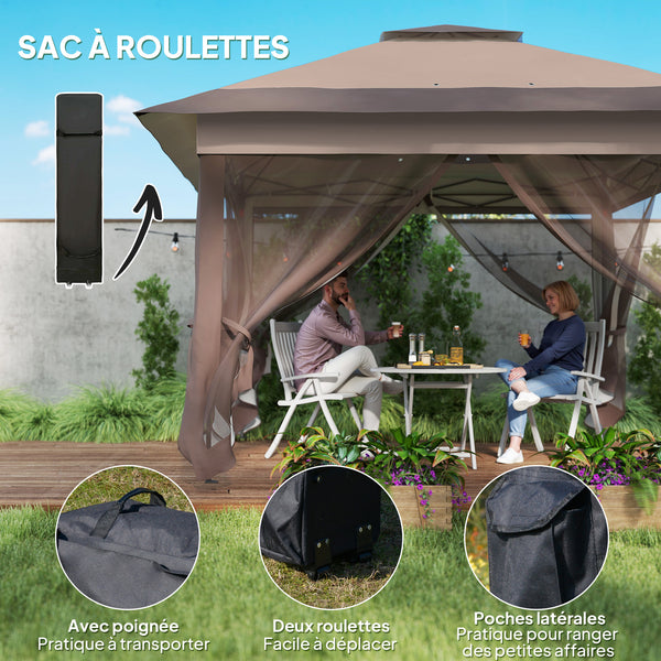 Tonnelle de jardin extérieur tonnelle pliante 3,6x3,6m avec double toit acier polyester moustiquaires + sac de transport à roulettes kaki marron