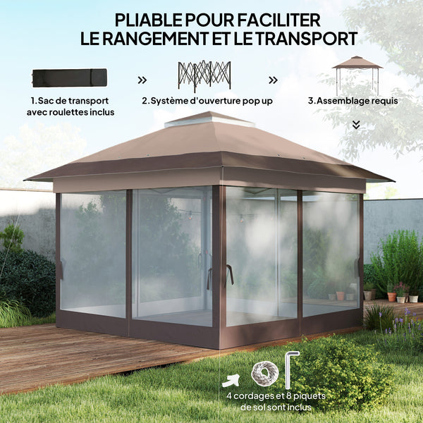 Tonnelle de jardin extérieur tonnelle pliante 3,6x3,6m avec double toit acier polyester moustiquaires + sac de transport à roulettes kaki marron
