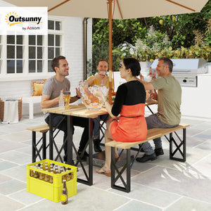 Ensemble table et bancs en bois, table de pique-nique en bois avec banc pour 6 à 8 personnes, 160 cm, avec trou pour parasol de 5 cm, cadre en acier, marron