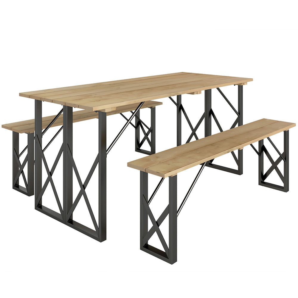 Ensemble table et bancs en bois, table de pique-nique en bois avec banc pour 6 à 8 personnes, 160 cm, avec trou pour parasol de 5 cm, cadre en acier, marron