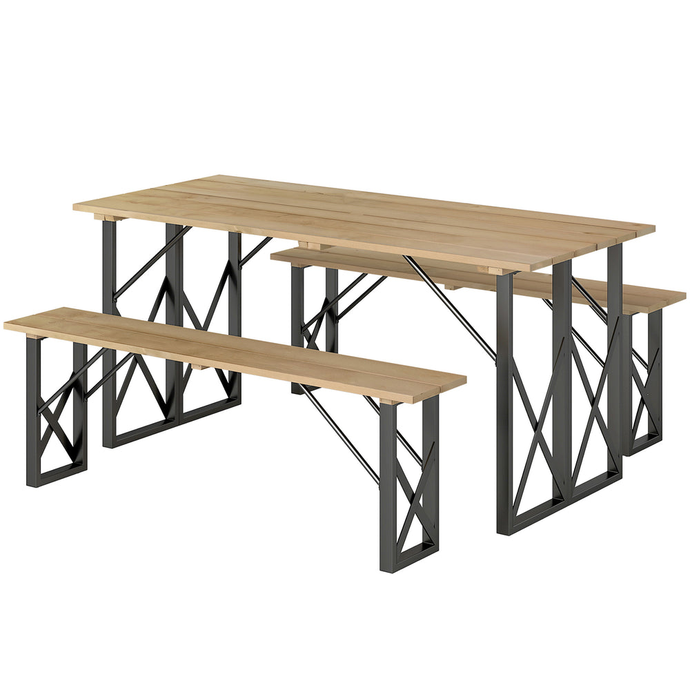 Ensemble table et bancs en bois, table de pique-nique en bois avec banc pour 6 à 8 personnes, 160 cm, avec trou pour parasol de 5 cm, cadre en acier, marron