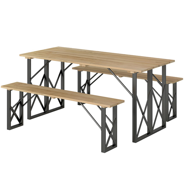 Ensemble table et bancs en bois, table de pique-nique en bois avec banc pour 6 à 8 personnes, 160 cm, avec trou pour parasol de 5 cm, cadre en acier, marron