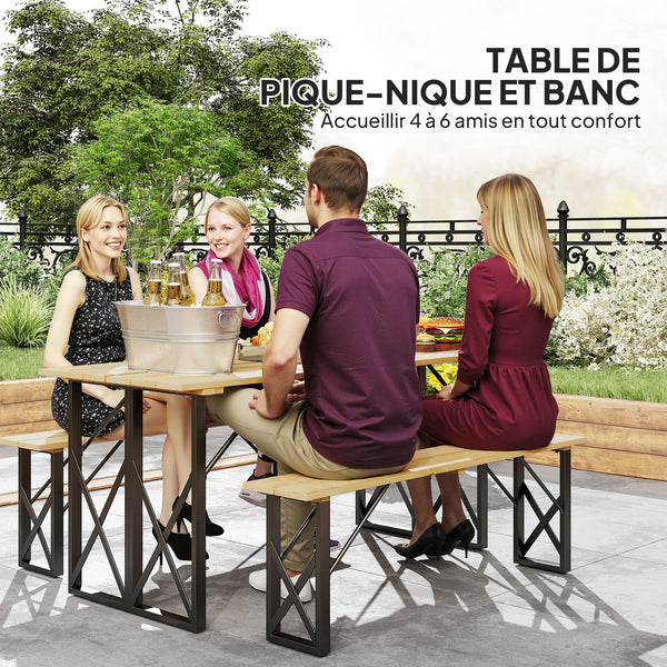 Ensemble table et bancs en bois, table de pique-nique en bois avec banc pour 6 à 8 personnes, 160 cm, avec trou pour parasol de 5 cm, cadre en acier, marron