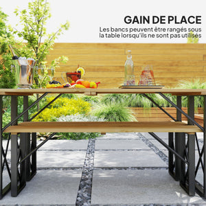 Ensemble table et bancs en bois, table de pique-nique en bois avec banc pour 6 à 8 personnes, 160 cm, avec trou pour parasol de 5 cm, cadre en acier, marron