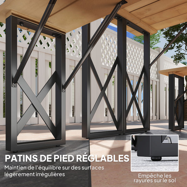Ensemble table et bancs en bois, table de pique-nique en bois avec banc pour 6 à 8 personnes, 160 cm, avec trou pour parasol de 5 cm, cadre en acier, marron