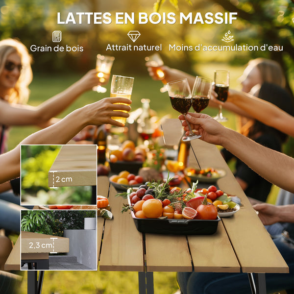 Ensemble table et bancs en bois, table de pique-nique en bois avec banc pour 6 à 8 personnes, 160 cm, avec trou pour parasol de 5 cm, cadre en acier, marron