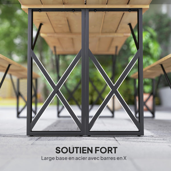 Ensemble table et bancs en bois, table de pique-nique en bois avec banc pour 6 à 8 personnes, 160 cm, avec trou pour parasol de 5 cm, cadre en acier, marron