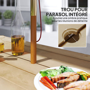 Ensemble table et bancs en bois, table de pique-nique en bois avec banc pour 6 à 8 personnes, 160 cm, avec trou pour parasol de 5 cm, cadre en acier, marron