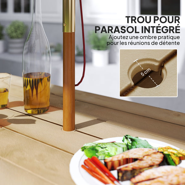 Ensemble table et bancs en bois, table de pique-nique en bois avec banc pour 6 à 8 personnes, 160 cm, avec trou pour parasol de 5 cm, cadre en acier, marron