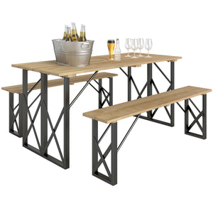 Ensemble table et bancs en bois, table de pique-nique en bois avec banc pour 6 à 8 personnes, 160 cm, avec trou pour parasol de 5 cm, cadre en acier, marron