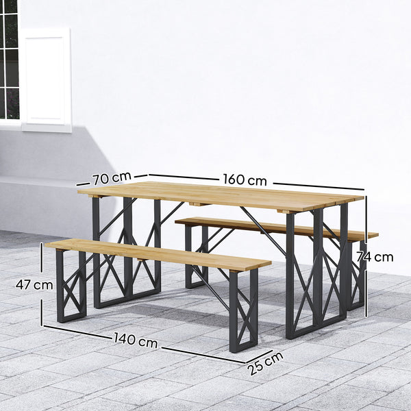 Ensemble table et bancs en bois, table de pique-nique en bois avec banc pour 6 à 8 personnes, 160 cm, avec trou pour parasol de 5 cm, cadre en acier, marron