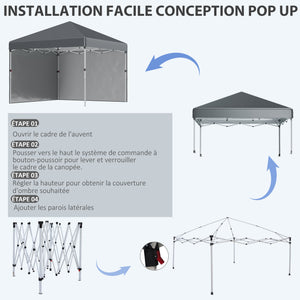 Tonnelle de jardin pop-up pliant barnum réglable en hauteur protection UV 30+ 2 parois latérales - sac de transport inclus - pour fête, événement plein air - 297 x 297 x 288 cm gris foncé