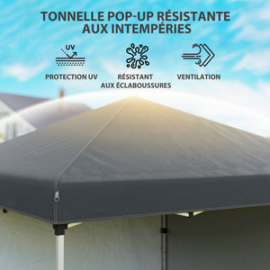 Tonnelle de jardin pop-up pliant barnum réglable en hauteur protection UV 30+ 2 parois latérales - sac de transport inclus - pour fête, événement plein air - 297 x 297 x 288 cm gris foncé
