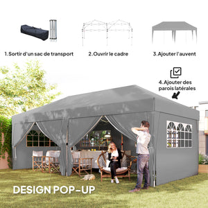 Tonnelle de jardin exterieur tonnelle pliante 3 x 6 m pop-up avec 6 parois latérales, trous de drainage, sac de transport inclus, barnum pliant pour camping festival mariage, gris