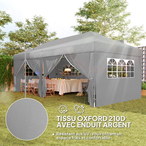 Tonnelle de jardin exterieur tonnelle pliante 3 x 6 m pop-up avec 6 parois latérales, trous de drainage, sac de transport inclus, barnum pliant pour camping festival mariage, gris