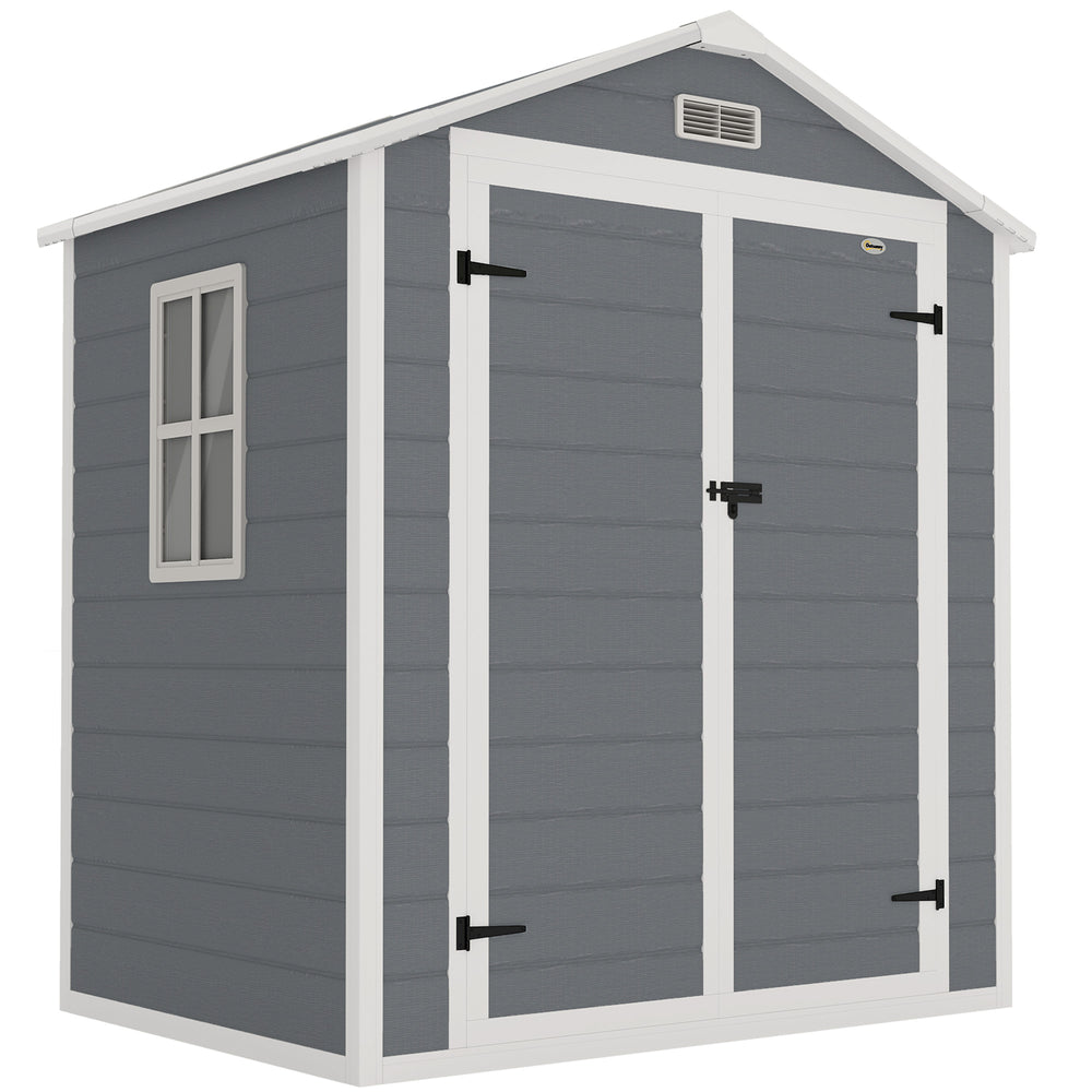 Abri de jardin cabanon en résine polypropylène 2,12 m² - 2 portes 1 fenêtre et 1 grille d'aération, toit en pente, gris