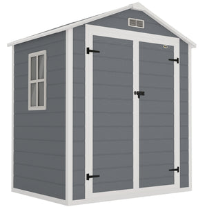 Abri de jardin cabanon en résine polypropylène 2,12 m² - 2 portes 1 fenêtre et 1 grille d'aération, toit en pente, gris
