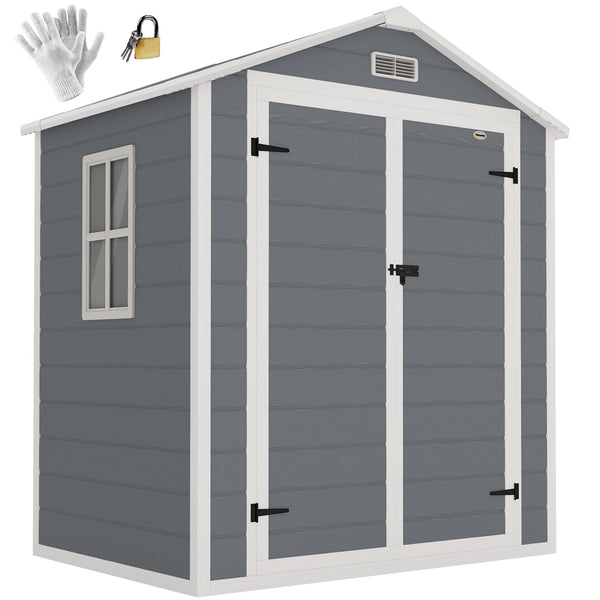 Abri de jardin cabanon en résine polypropylène 2,12 m² - 2 portes 1 fenêtre et 1 grille d'aération, toit en pente, gris