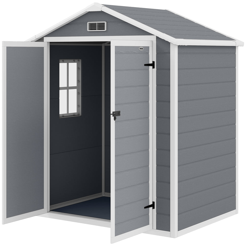Abri de jardin cabanon en résine polypropylène 2,12 m² - 2 portes 1 fenêtre et 1 grille d'aération, toit en pente, gris