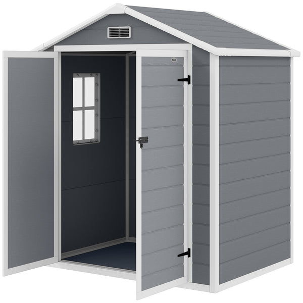 Abri de jardin cabanon en résine polypropylène 2,12 m² - 2 portes 1 fenêtre et 1 grille d'aération, toit en pente, gris