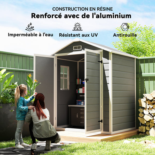 Abri de jardin cabanon en résine polypropylène 2,12 m² - 2 portes 1 fenêtre et 1 grille d'aération, toit en pente, gris
