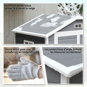 Abri de jardin cabanon en résine polypropylène 2,12 m² - 2 portes 1 fenêtre et 1 grille d'aération, toit en pente, gris