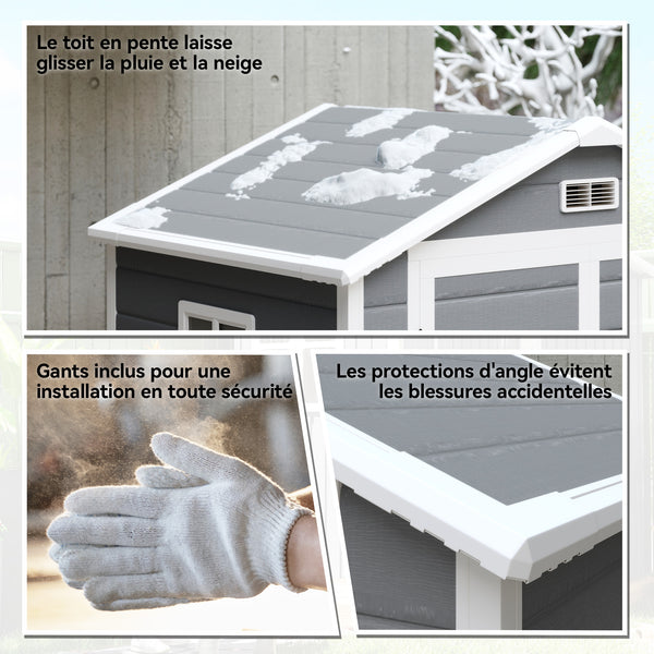 Abri de jardin cabanon en résine polypropylène 2,12 m² - 2 portes 1 fenêtre et 1 grille d'aération, toit en pente, gris