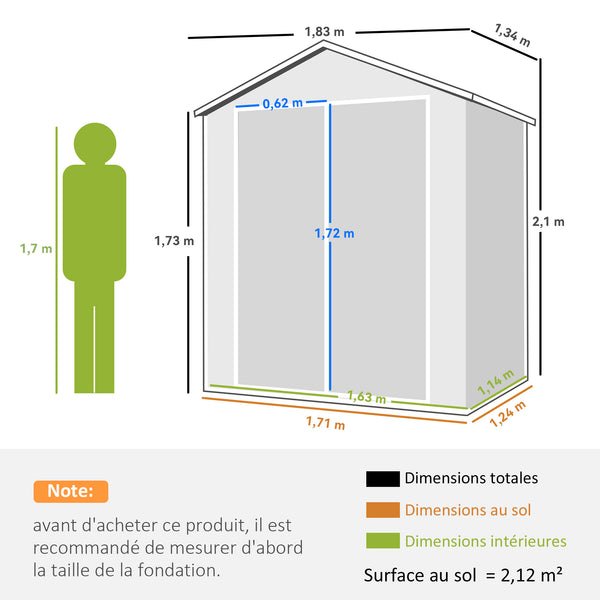 Abri de jardin cabanon en résine polypropylène 2,12 m² - 2 portes 1 fenêtre et 1 grille d'aération, toit en pente, gris