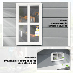 Abri de jardin cabanon en résine polypropylène 2,12 m² - 2 portes 1 fenêtre et 1 grille d'aération, toit en pente, gris