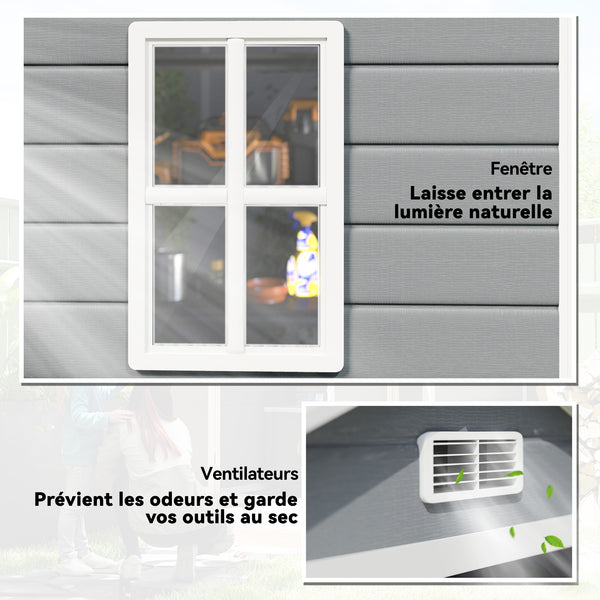 Abri de jardin cabanon en résine polypropylène 2,12 m² - 2 portes 1 fenêtre et 1 grille d'aération, toit en pente, gris