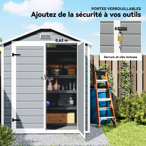 Abri de jardin cabanon en résine polypropylène 2,12 m² - 2 portes 1 fenêtre et 1 grille d'aération, toit en pente, gris