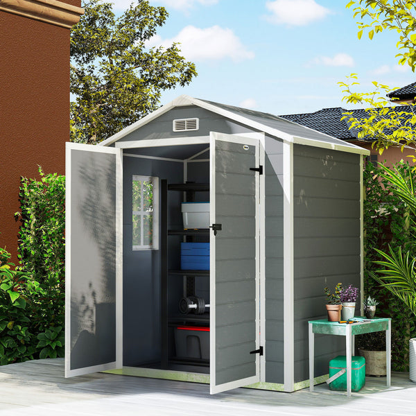 Abri de jardin cabanon en résine polypropylène 2,12 m² - 2 portes 1 fenêtre et 1 grille d'aération, toit en pente, gris