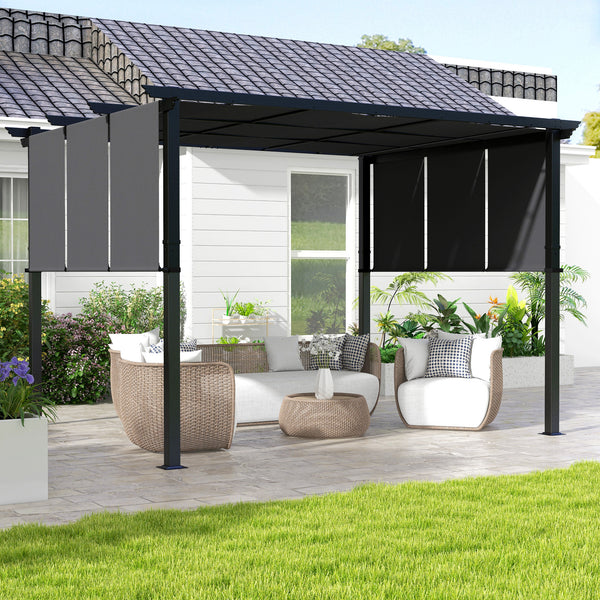 Pergola avec 3 toiles coulissantes 3,5 x 3 x 2,35 m structure acier noir toile polyester haute densité gris foncé