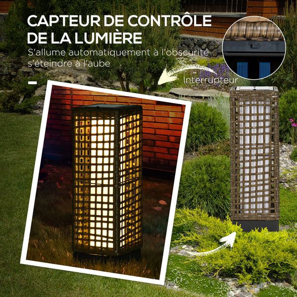 Lampadaire solaire extérieur en résine tressée, lampadaire sans fil rechargeable avec capteur de lumière, style moderne, lampadaire LED extérieur, étanche, pour jardin patio, 46 cm, sable