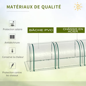Serre de Jardin mini serre tunnel serre à tomates 3,95L x 1l x 0, 8H m 4 Portes zippées bâche PVC Transparent métal époxy Vert