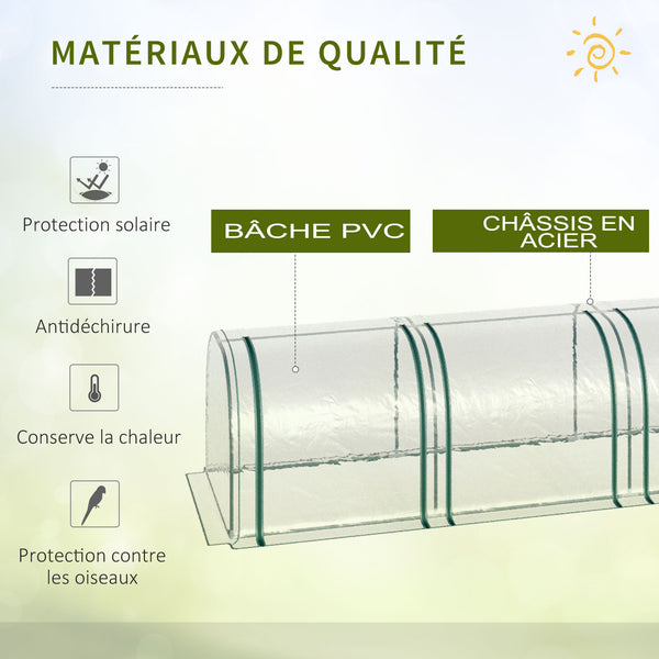 Serre de Jardin mini serre tunnel serre à tomates 3,95L x 1l x 0, 8H m 4 Portes zippées bâche PVC Transparent métal époxy Vert