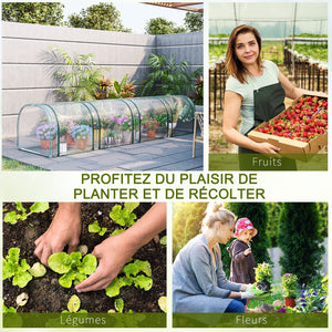 Serre de Jardin mini serre tunnel serre à tomates 3,95L x 1l x 0, 8H m 4 Portes zippées bâche PVC Transparent métal époxy Vert