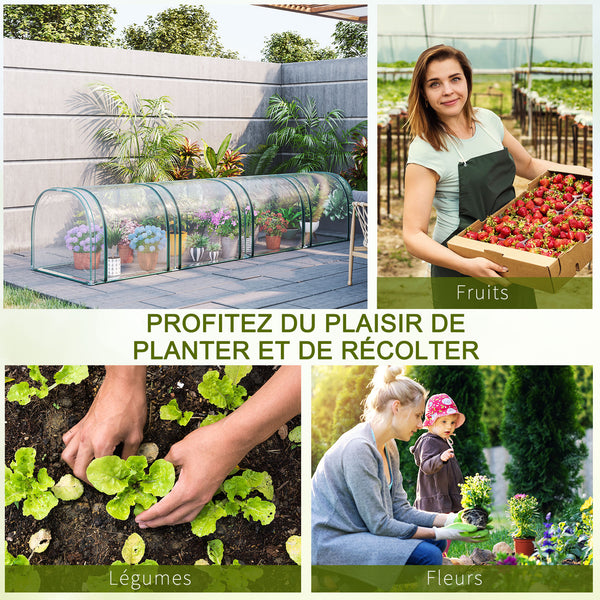 Serre de Jardin mini serre tunnel serre à tomates 3,95L x 1l x 0, 8H m 4 Portes zippées bâche PVC Transparent métal époxy Vert