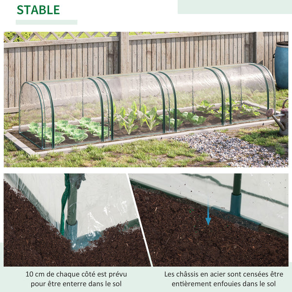 Serre de Jardin mini serre tunnel serre à tomates 3,95L x 1l x 0, 8H m 4 Portes zippées bâche PVC Transparent métal époxy Vert