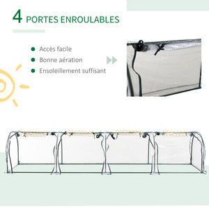 Serre de Jardin mini serre tunnel serre à tomates 3,95L x 1l x 0, 8H m 4 Portes zippées bâche PVC Transparent métal époxy Vert