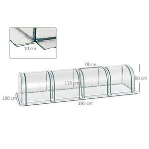 Serre de Jardin mini serre tunnel serre à tomates 3,95L x 1l x 0, 8H m 4 Portes zippées bâche PVC Transparent métal époxy Vert