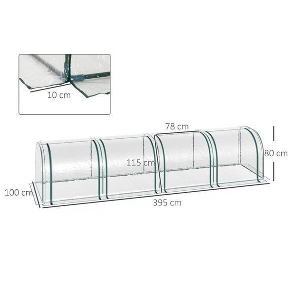 Serre de Jardin mini serre tunnel serre à tomates 3,95L x 1l x 0, 8H m 4 Portes zippées bâche PVC Transparent métal époxy Vert